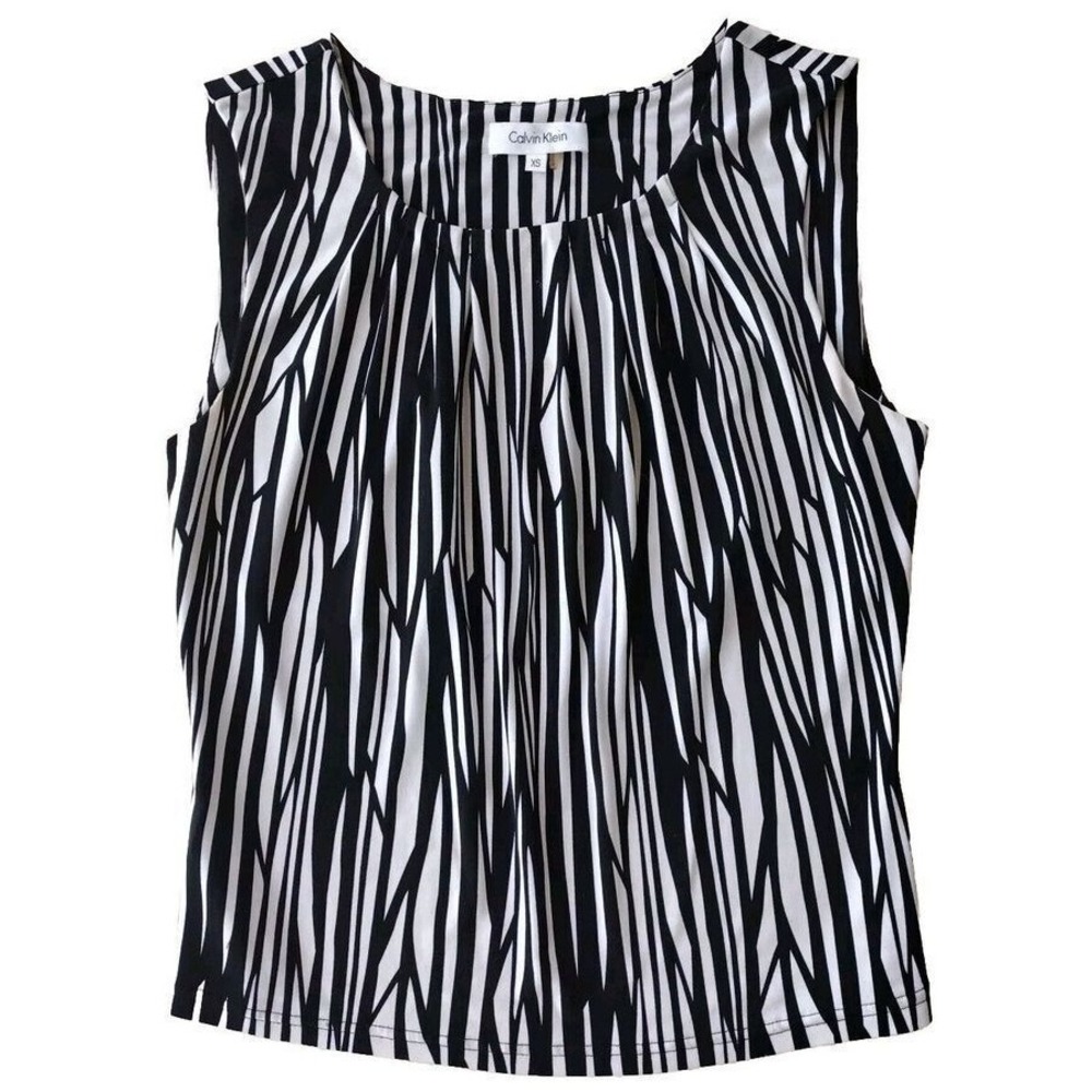 Calvin Klein Blouse Women M Black White Sleeveless Scoop Neck Stretch Slim Fit